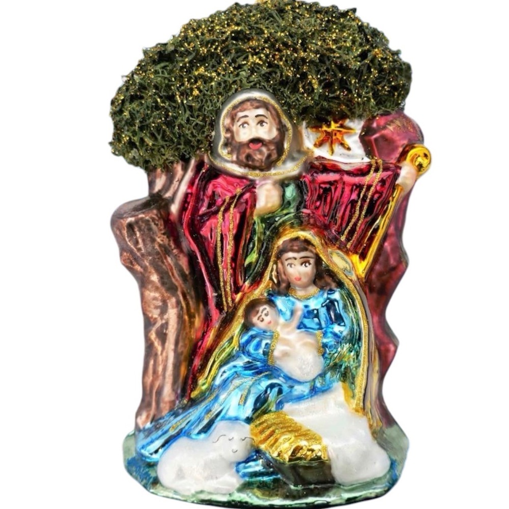 Vtg hand painted blown glass 6" Nativity Xmas ornament with Tag made in Poland
